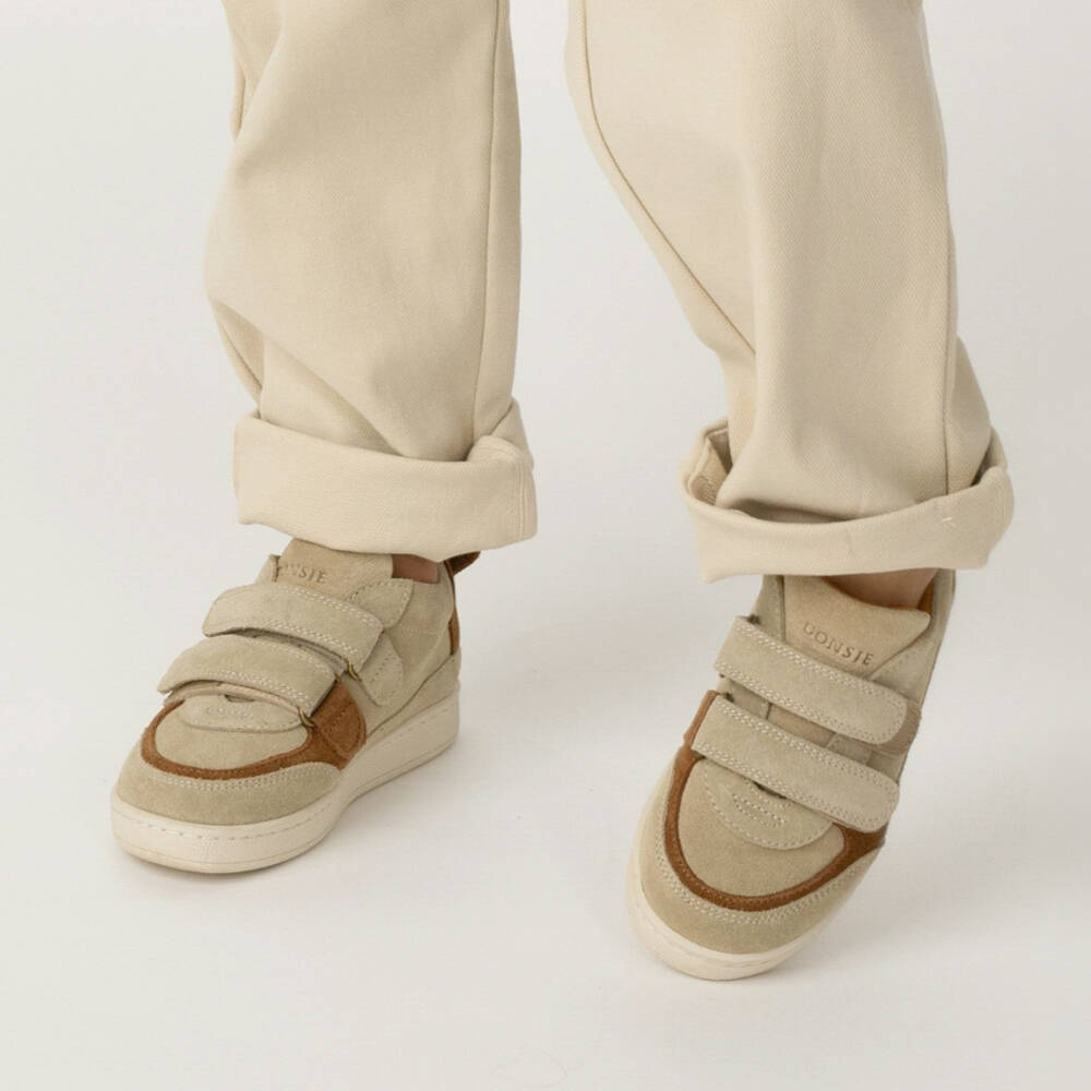Donsje-Boys Beige Suede Trainers with Brown Bear Motif | Childrensalon Outlet