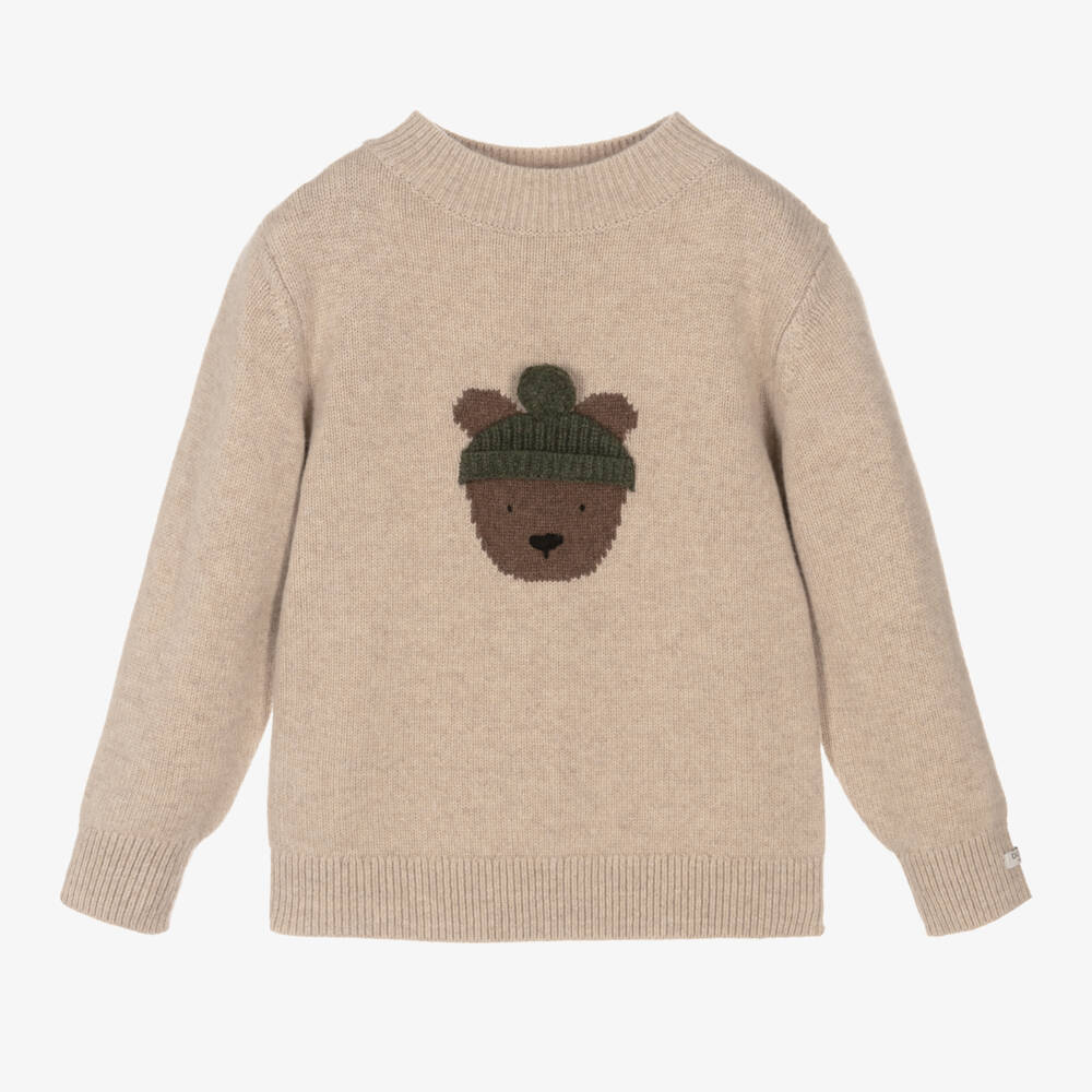 Donsje-Boys Beige Wool Bear Jumper | Childrensalon Outlet