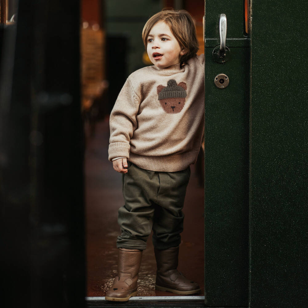 Donsje-Boys Beige Wool Bear Jumper | Childrensalon Outlet