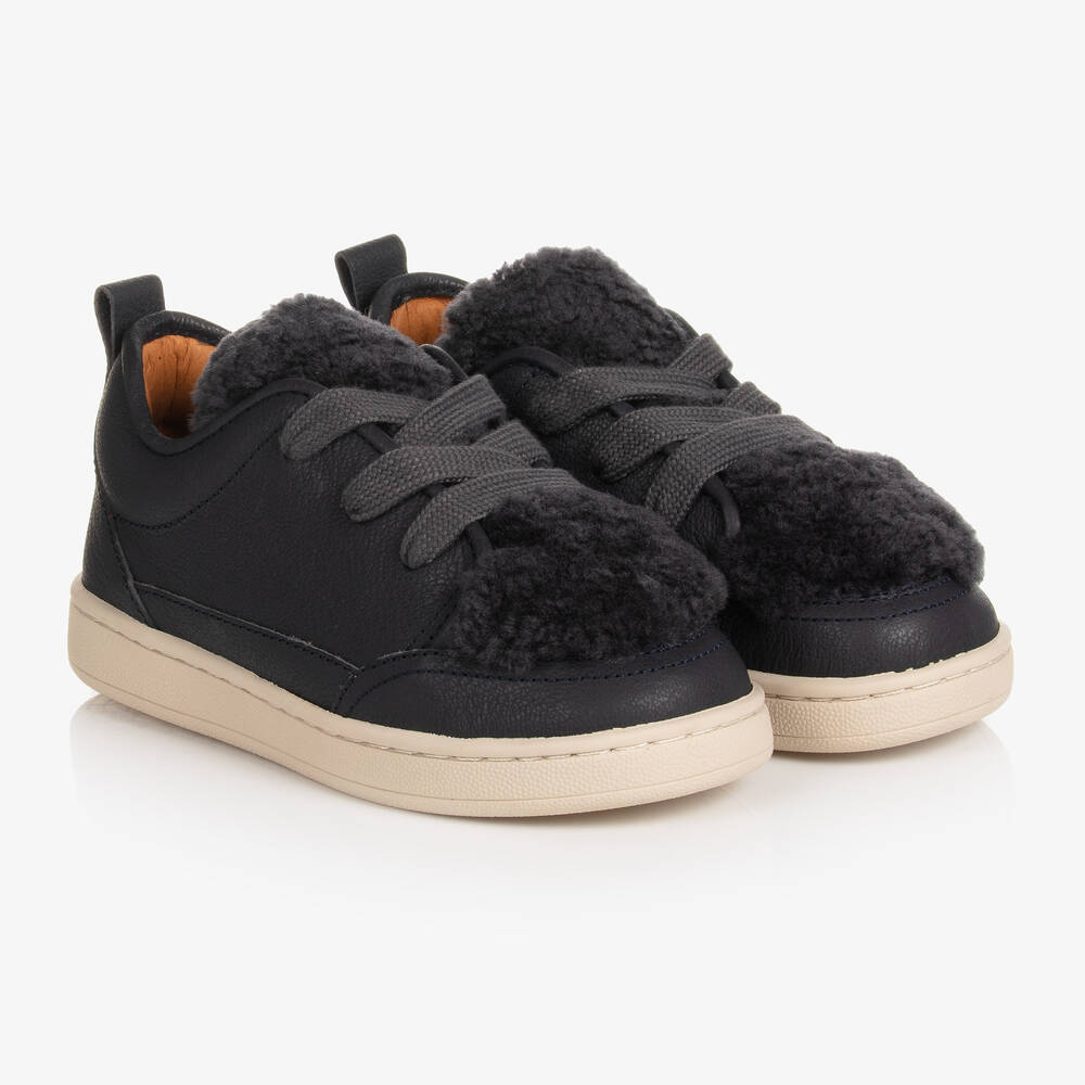 Donsje - Boys Blue Leather & Fleece Trainers | Childrensalon