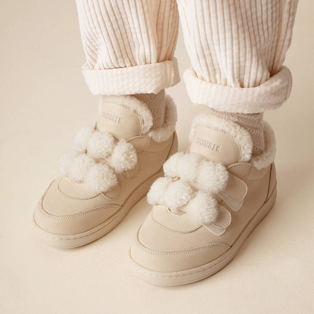 Donsje-Boys Cream Leather Fur Sneakers | Childrensalon Outlet