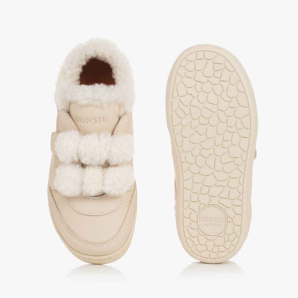 Donsje-Boys Cream Leather Fur Sneakers | Childrensalon Outlet