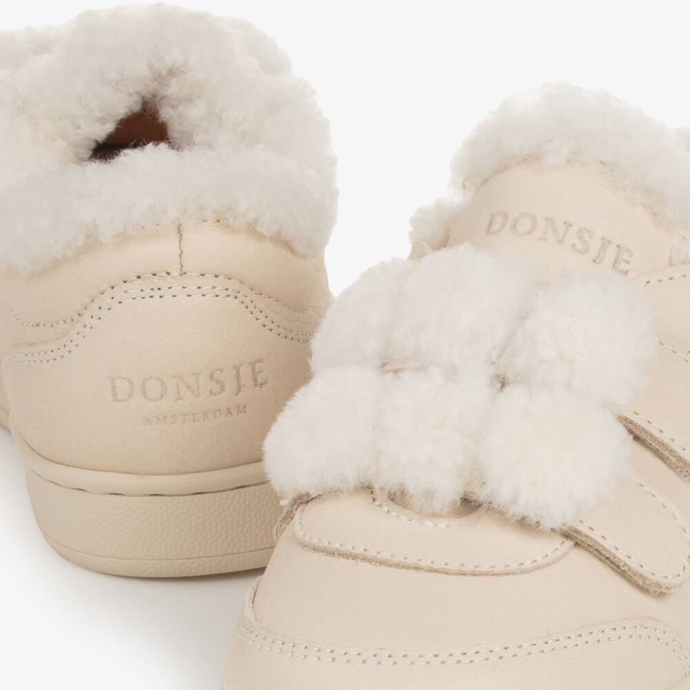 Donsje-Boys Cream Leather Fur Sneakers | Childrensalon Outlet