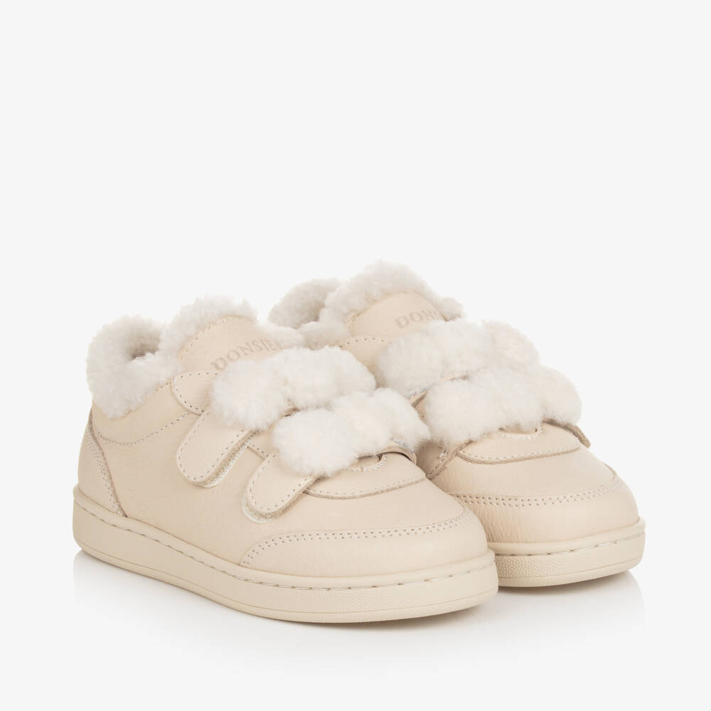 Donsje-Boys Cream Leather Fur Sneakers | Childrensalon Outlet