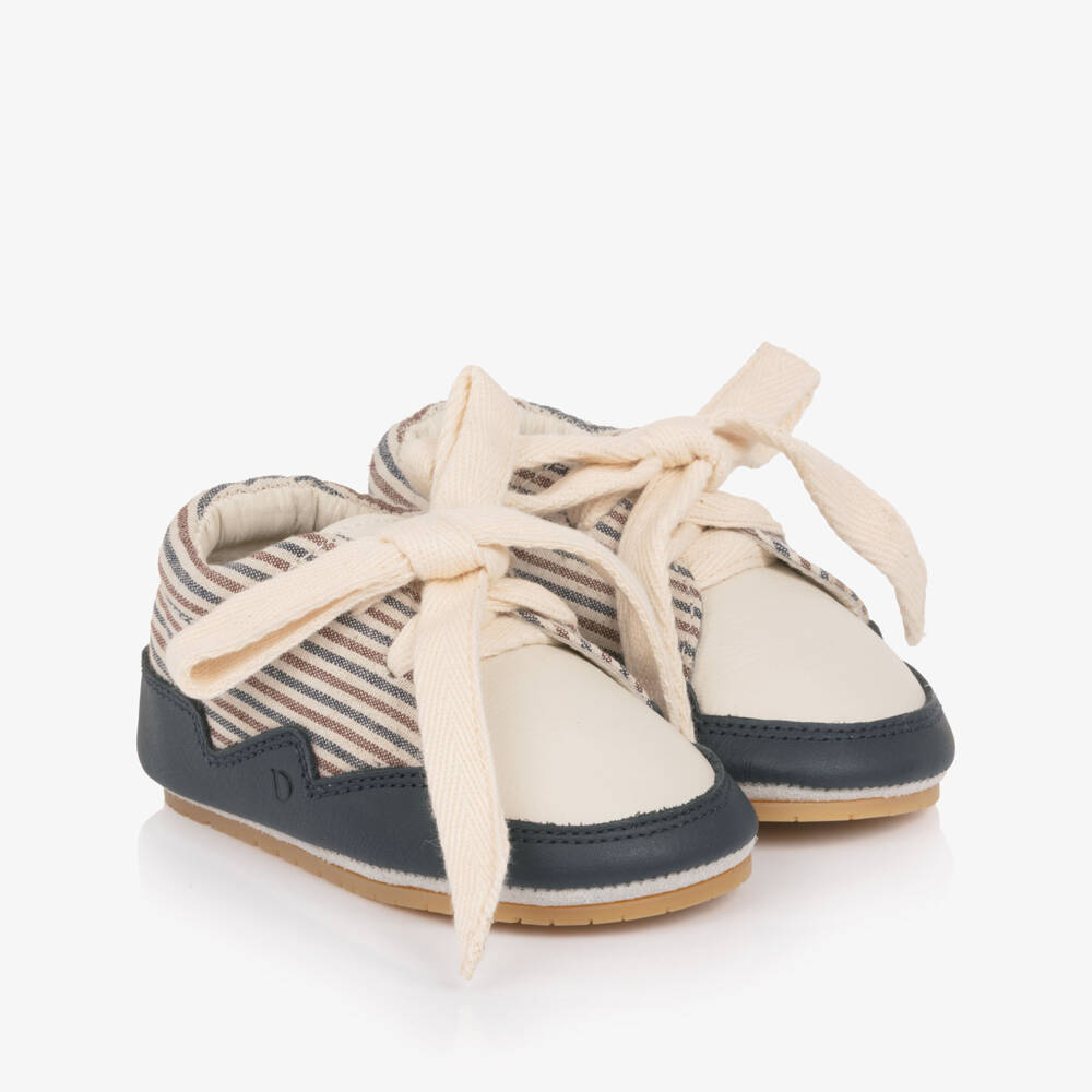 Donsje-Boys Ivory & Blue Leather Pre-Walkers with Striped Trim | Childrensalon Outlet