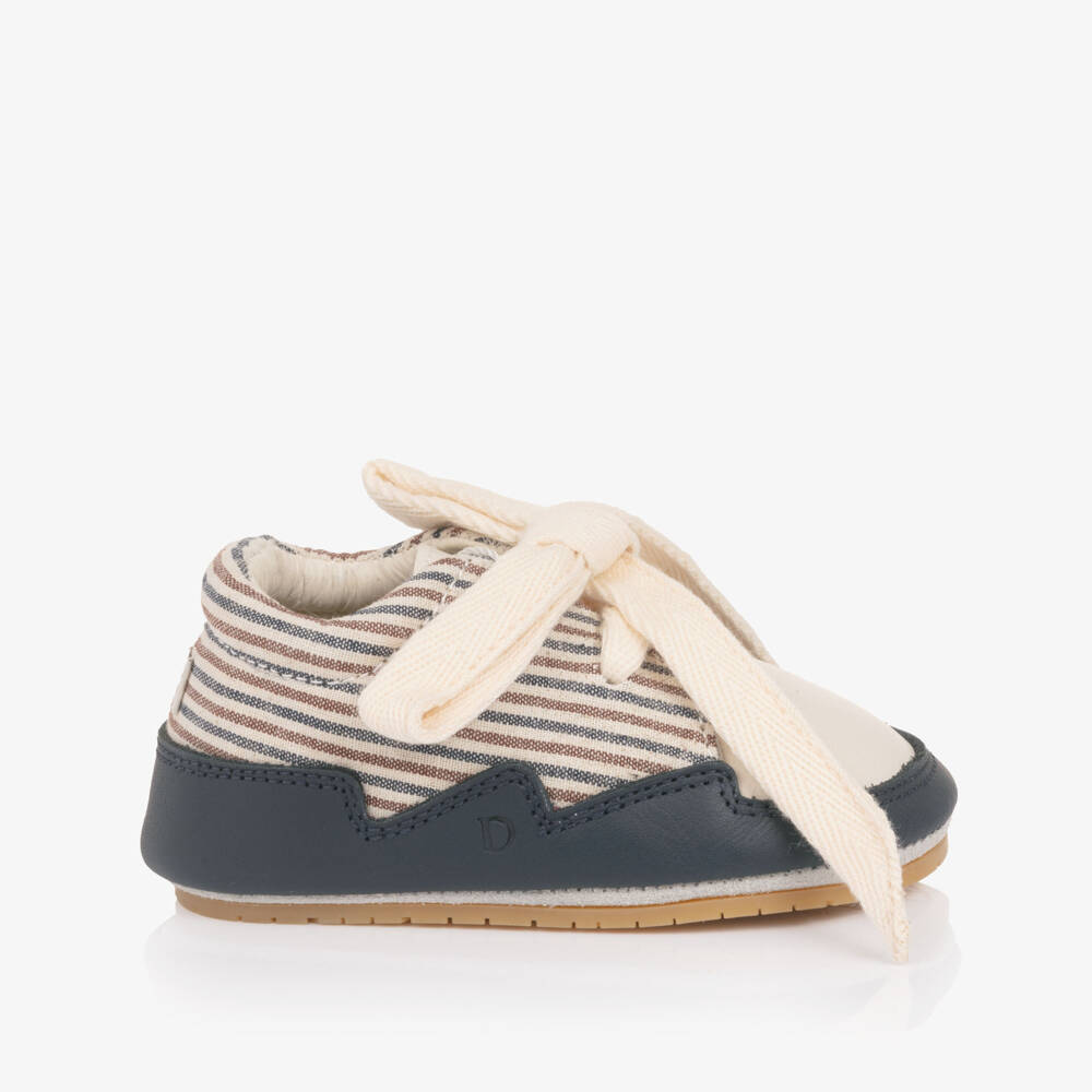 Donsje-Boys Ivory & Blue Leather Pre-Walkers with Striped Trim | Childrensalon Outlet