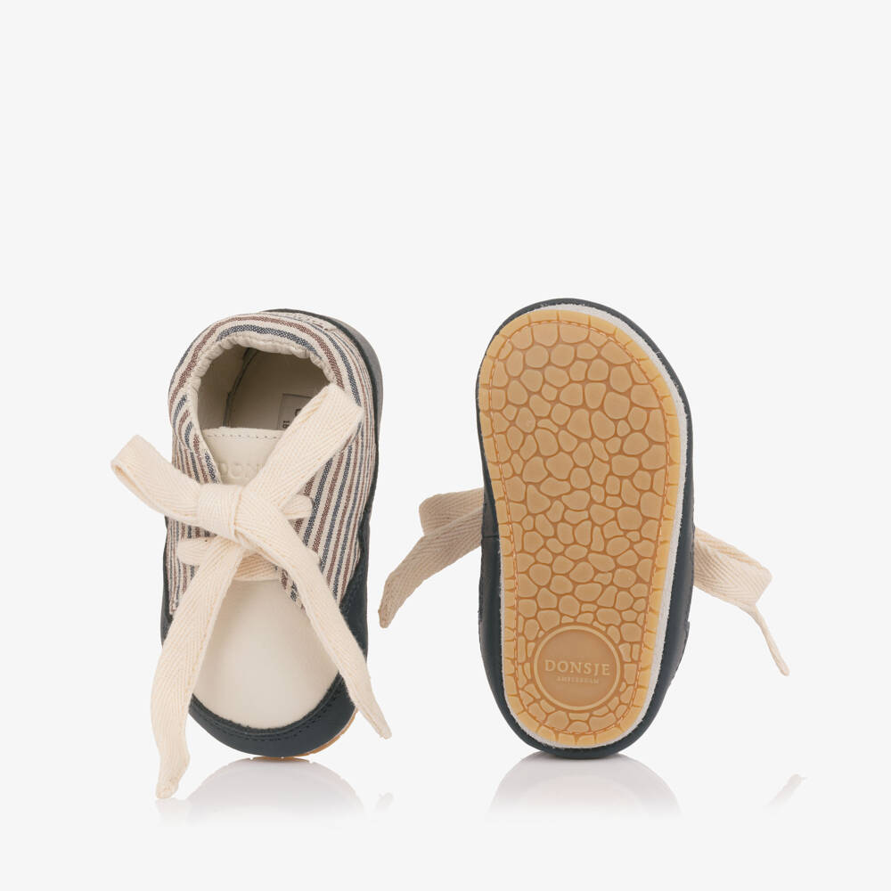 Donsje-Boys Ivory & Blue Leather Pre-Walkers with Striped Trim | Childrensalon Outlet