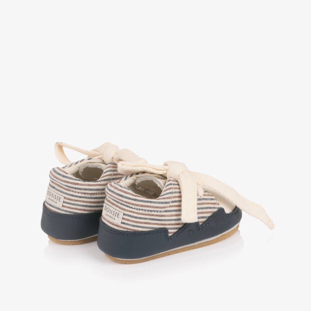 Donsje-Boys Ivory & Blue Leather Pre-Walkers with Striped Trim | Childrensalon Outlet