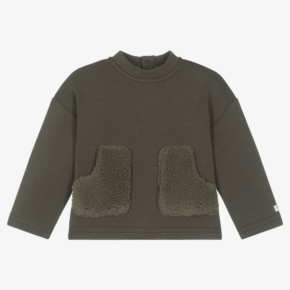 Donsje - Boys Khaki Green Cotton & Fleece Sweatshirt | Childrensalon