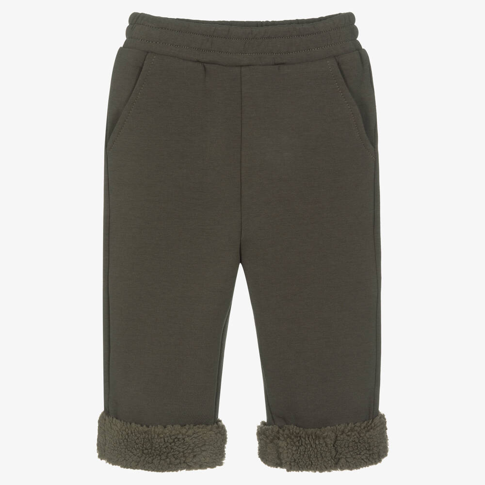 Donsje - Boys Khaki Green Fleece Turn-Up Trousers | Childrensalon