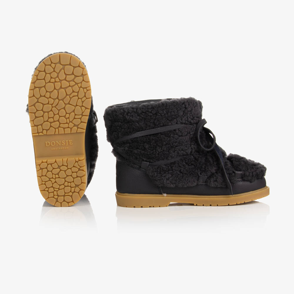 دونسجي-بوت بأربطة صوف فرو وجلد لون كحلي للأولاد | Childrensalon Outlet