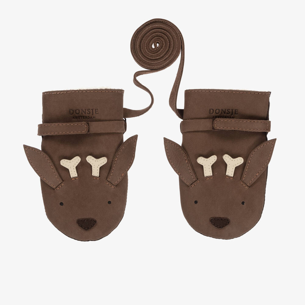Donsje - Коричневые кожаные варежки в форме головы оленя | Childrensalon
