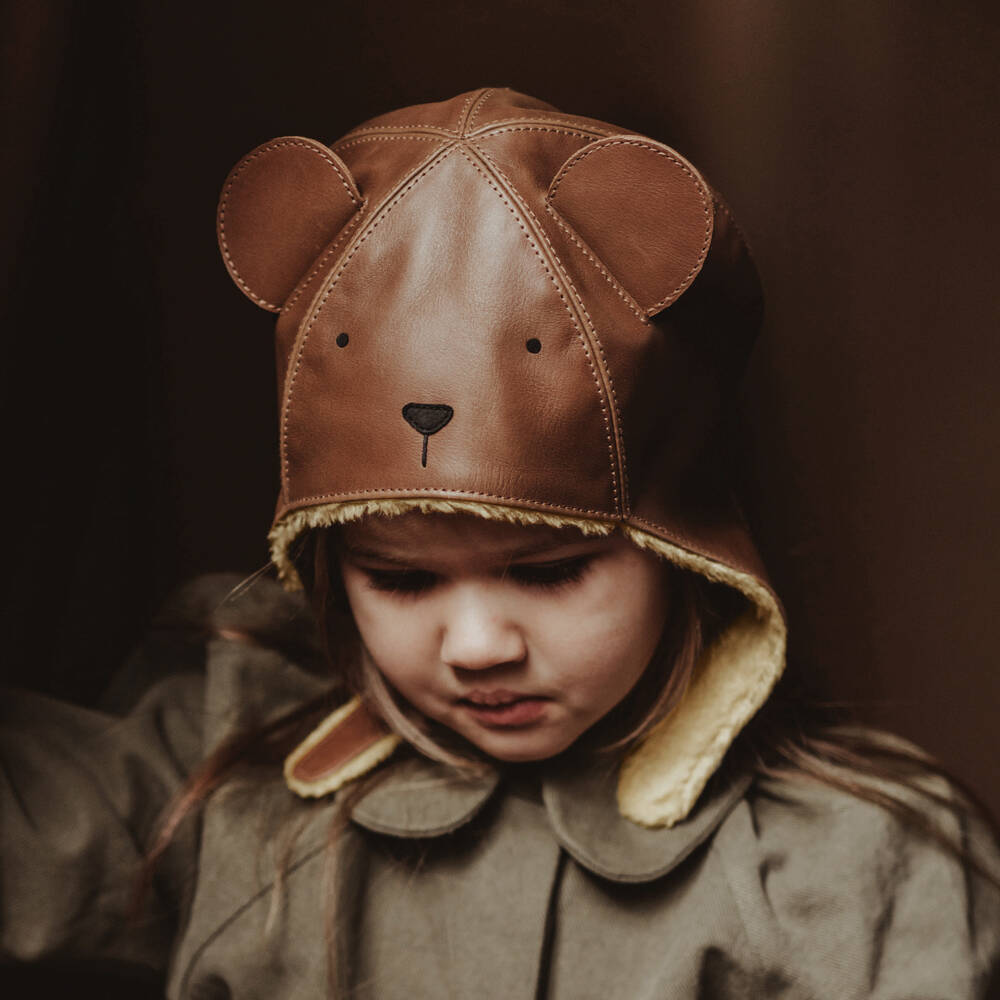 Donsje-Brown Leather Teddy Bear Hat | Childrensalon Outlet