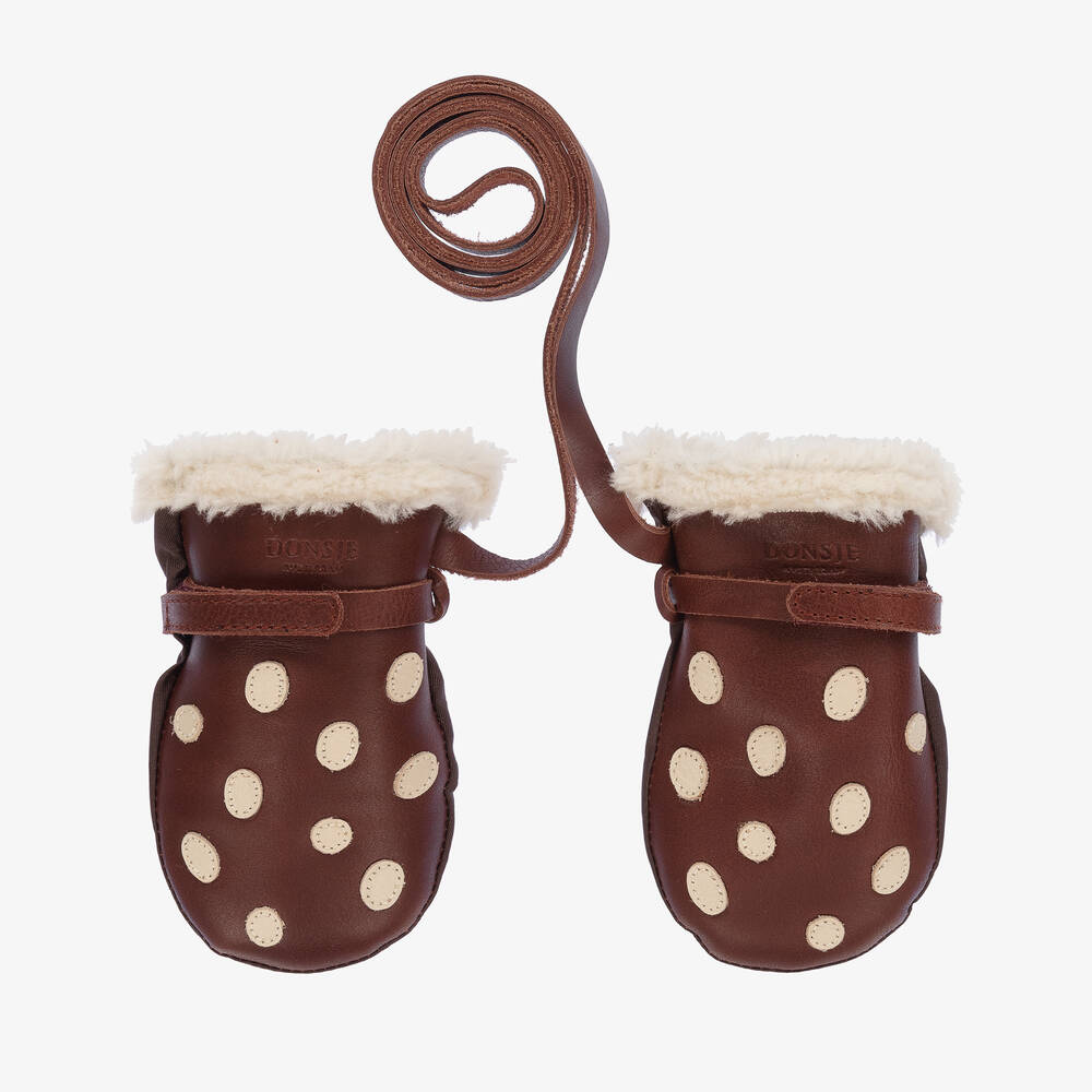 Donsje - Moufles cuir marron champignon | Childrensalon