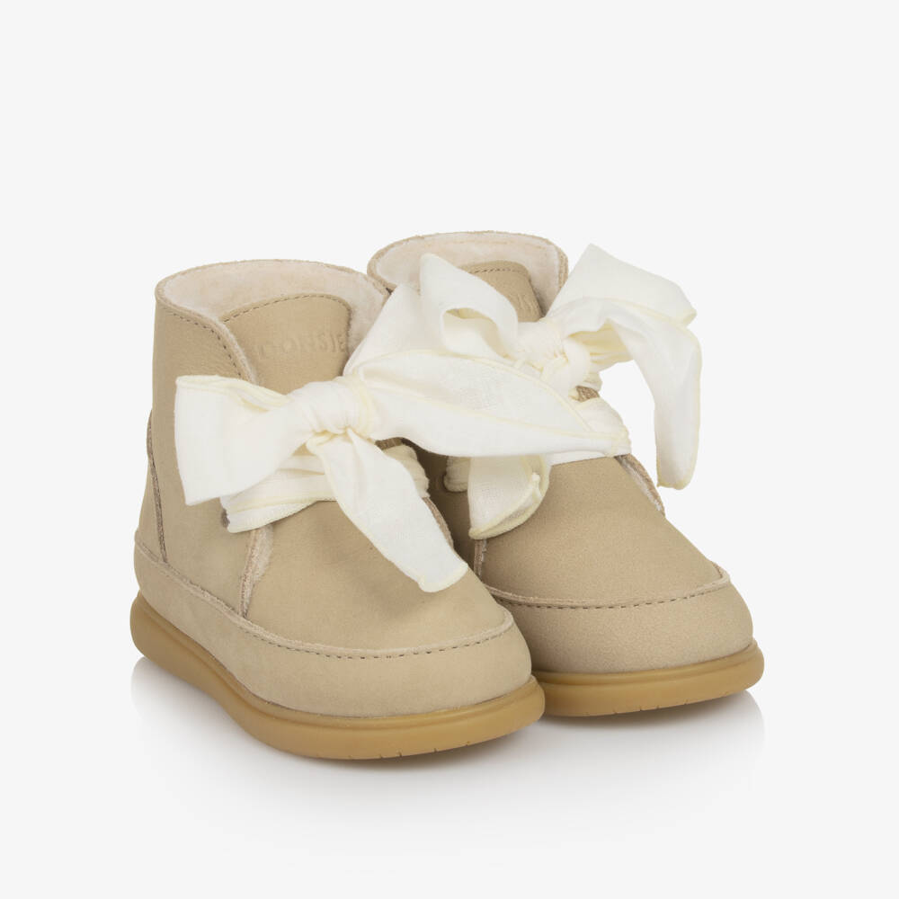 Donsje-Girls Beige Bow Walking Shoes | Childrensalon Outlet