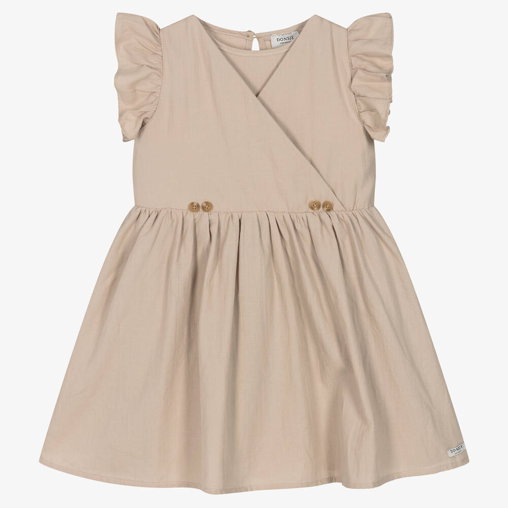 Donsje - Girls Beige Cotton Dress | Childrensalon