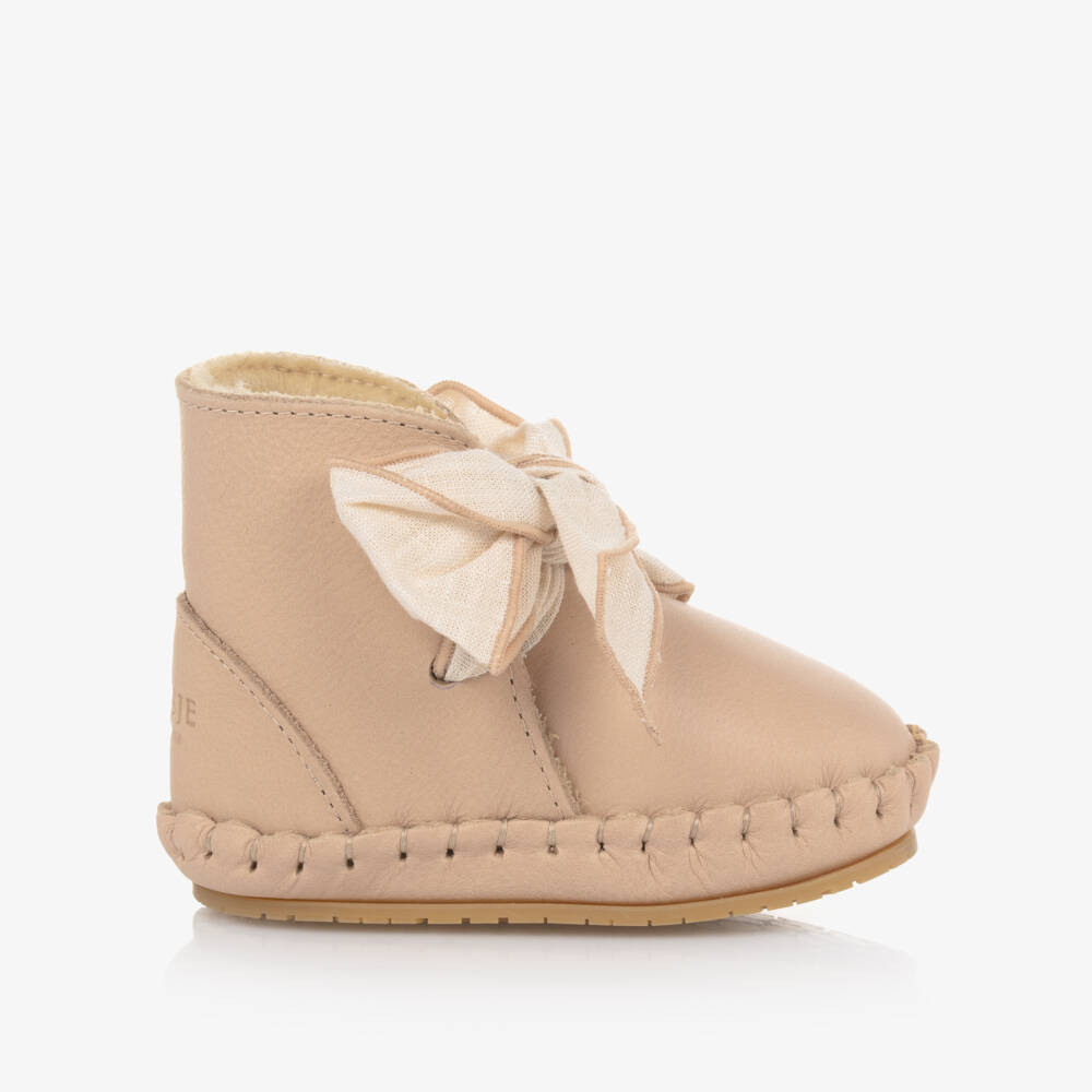 Donsje-Girls Beige Leather Bow Booties | Childrensalon Outlet