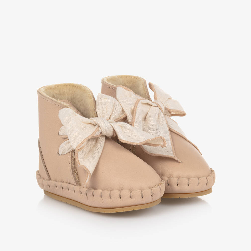 Donsje-Girls Beige Leather Bow Booties | Childrensalon Outlet