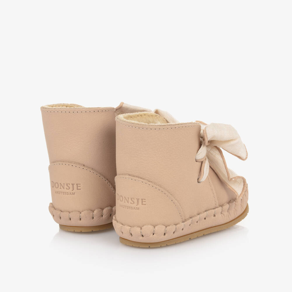 Donsje-Girls Beige Leather Bow Booties | Childrensalon Outlet