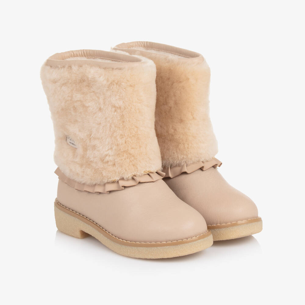 Donsje-Girls Beige Leather & Sheep Wool Boots | Childrensalon Outlet