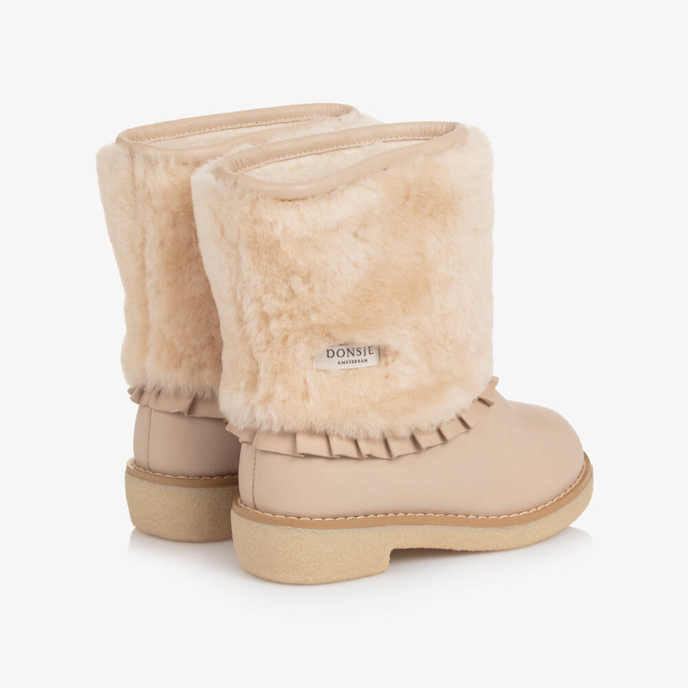 Donsje-Girls Beige Leather & Sheep Wool Boots | Childrensalon Outlet