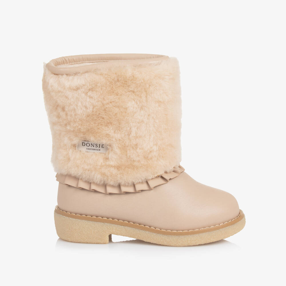 Donsje-Girls Beige Leather & Sheep Wool Boots | Childrensalon Outlet