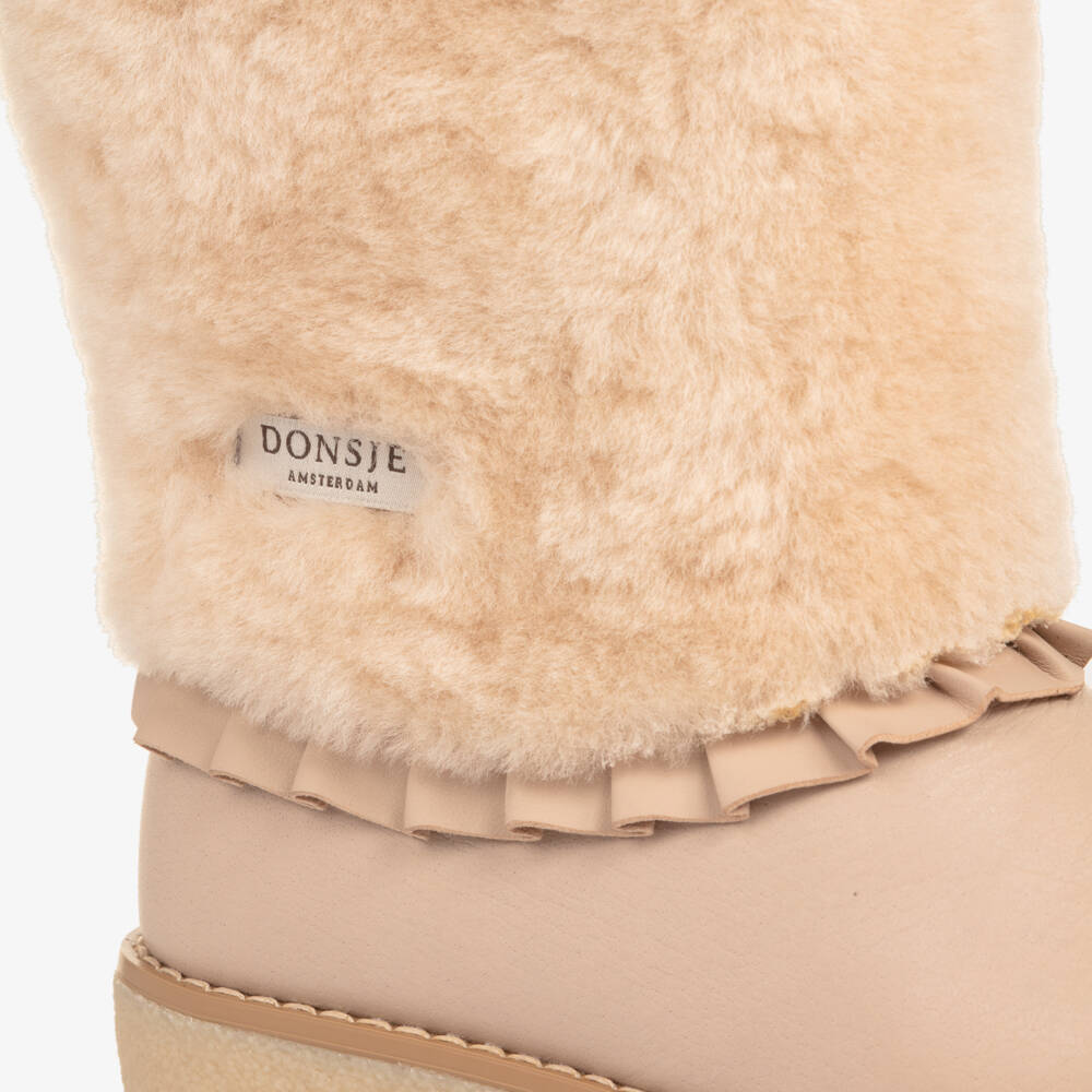 Donsje-Girls Beige Leather & Sheep Wool Boots | Childrensalon Outlet