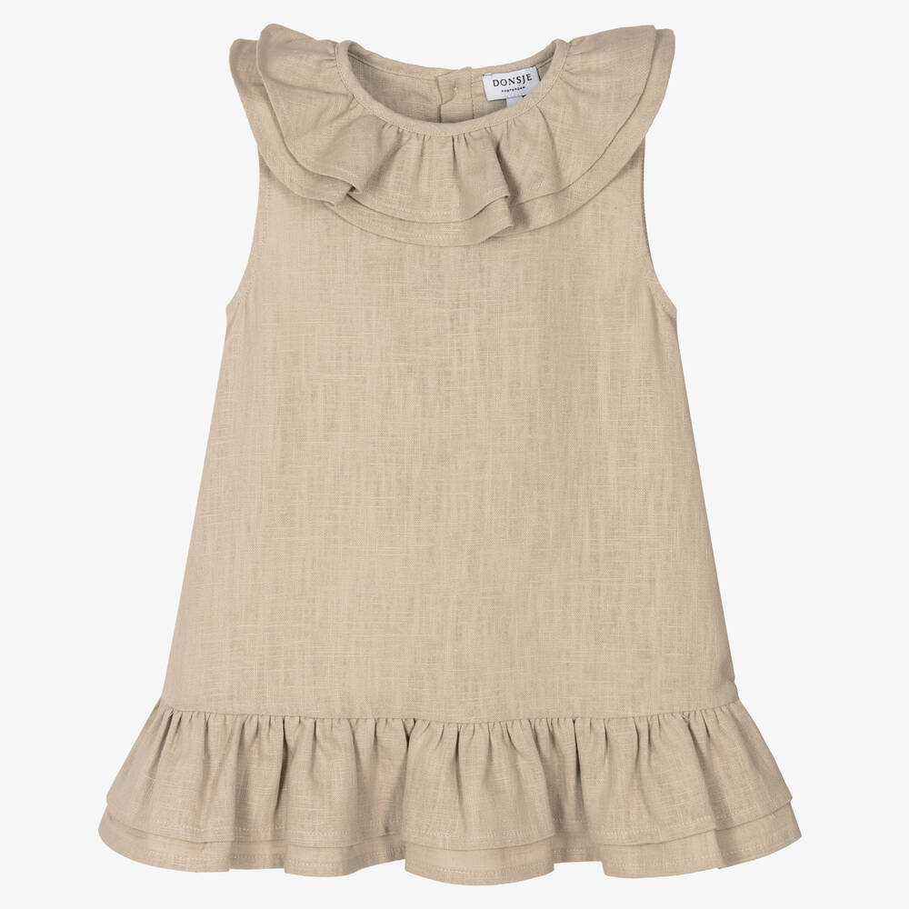 Donsje - Girls Beige Linen Sleeveless Dress | Childrensalon
