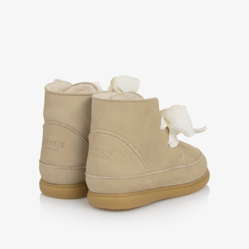 Donsje-Girls Beige Nubuck Leather First Walker Boots | Childrensalon Outlet