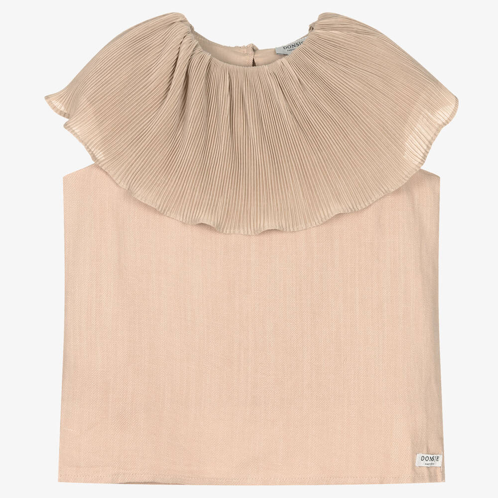 Donsje - Girls Beige Plissé Ruffle Blouse | Childrensalon