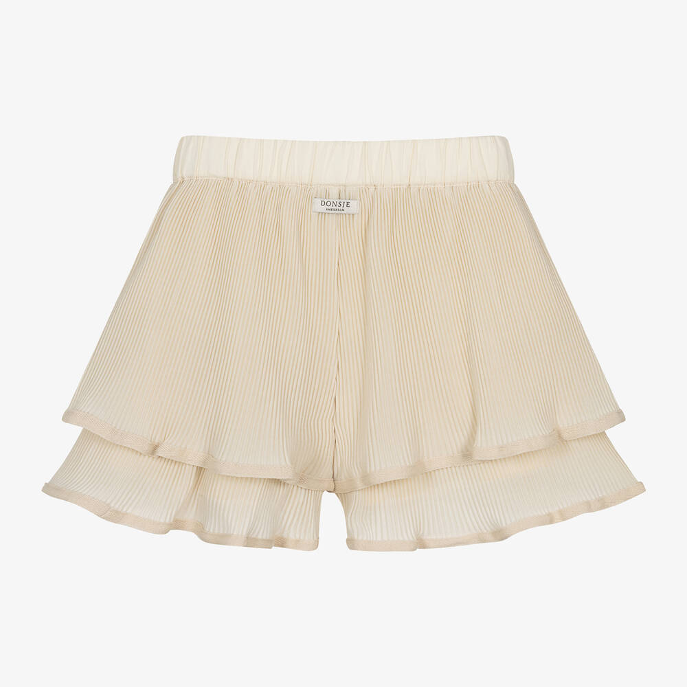 Donsje-Girls Beige Plissé Ruffle Shorts | Childrensalon Outlet