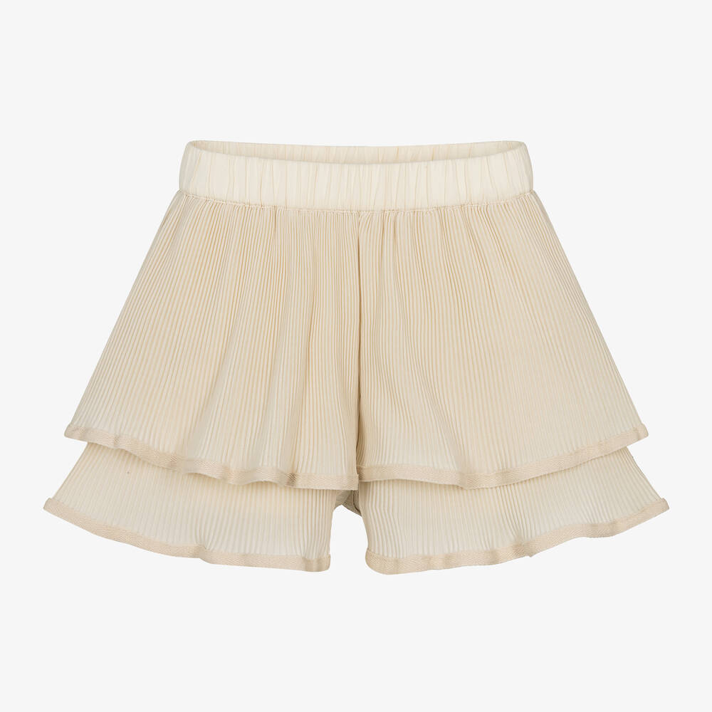 Donsje-Girls Beige Plissé Ruffle Shorts | Childrensalon Outlet