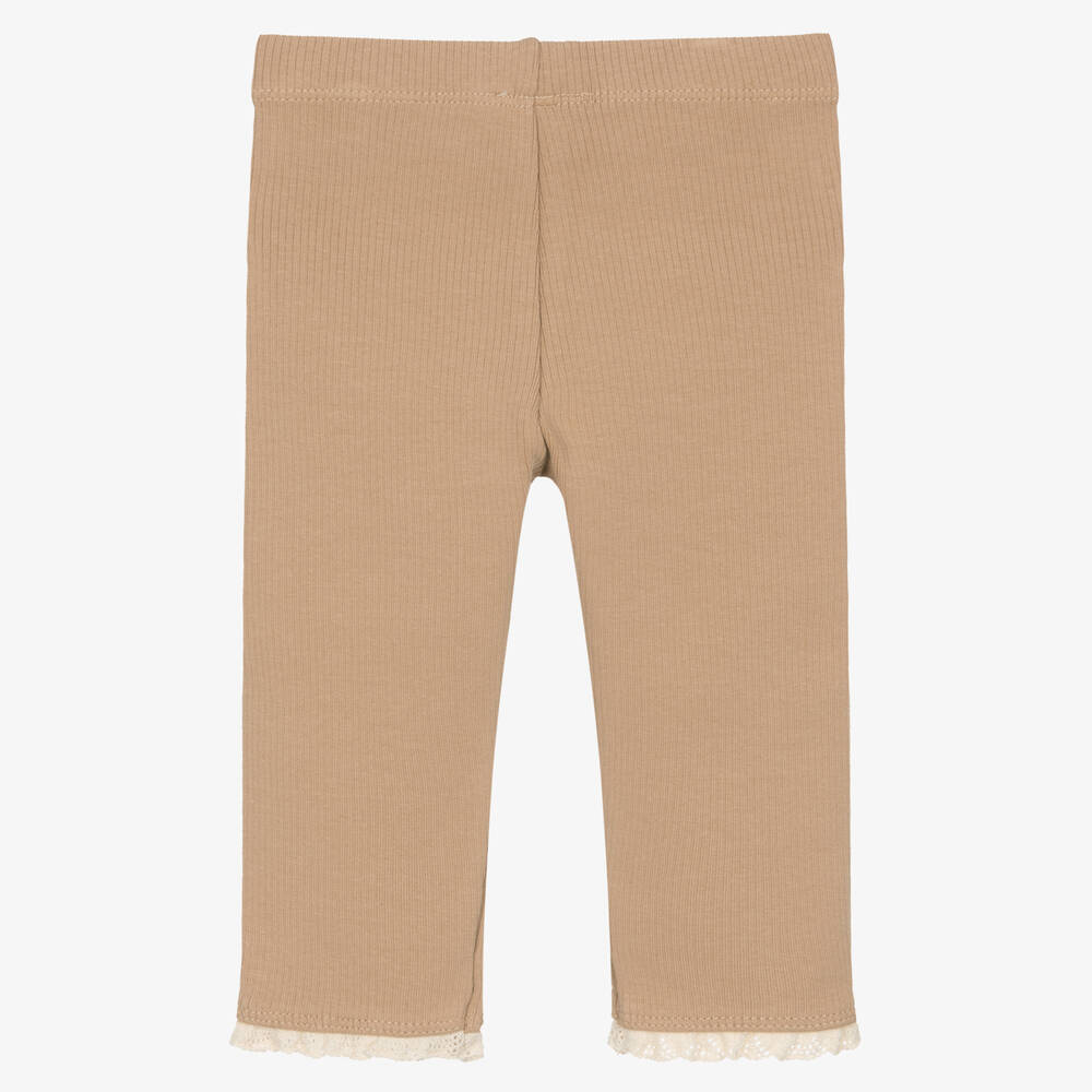 Donsje Girls Beige Ribbed Organic Cotton Leggings