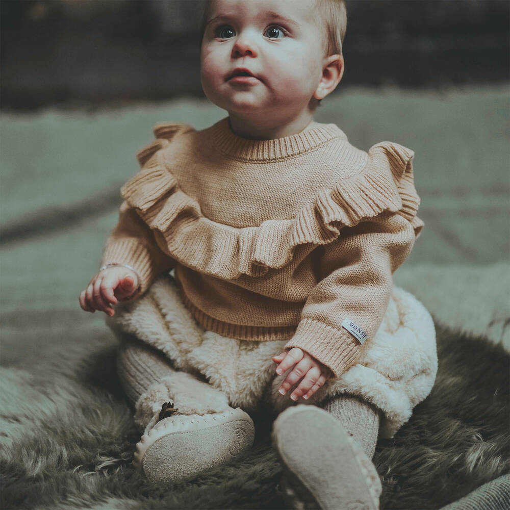 DONSJE Girls Beige Ruffle Cotton Sweater