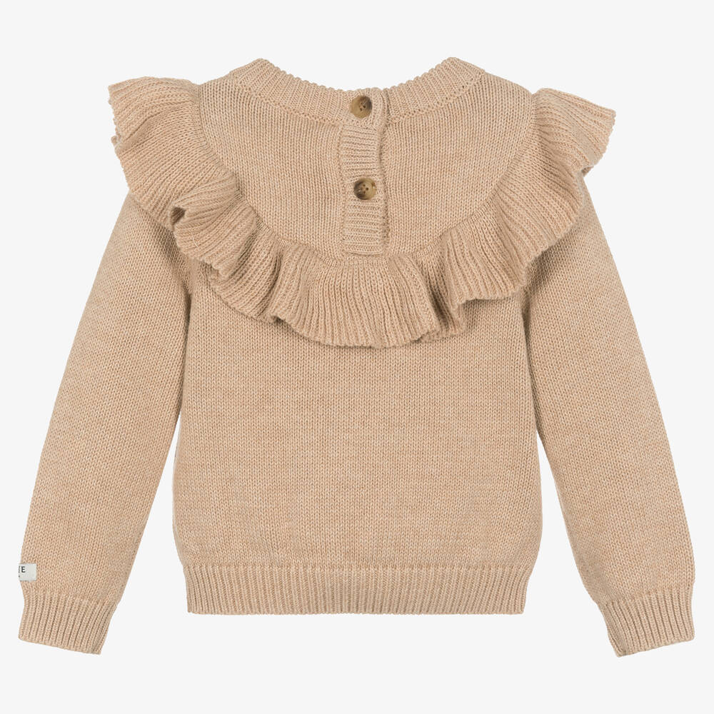 Donsje-Girls Beige Ruffle Cotton Sweater | Childrensalon Outlet