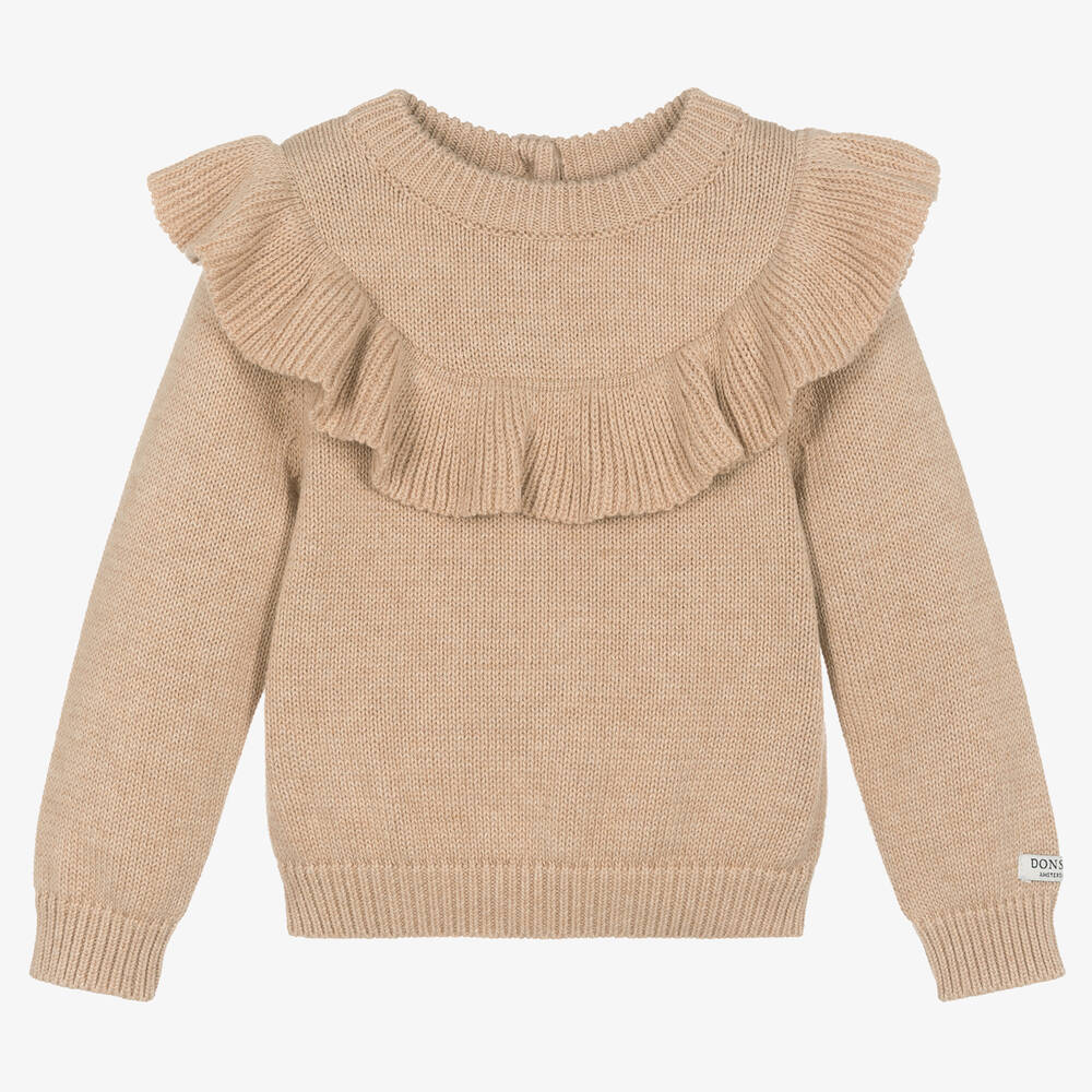 Donsje - Girls Beige Ruffle Cotton Sweater | Childrensalon