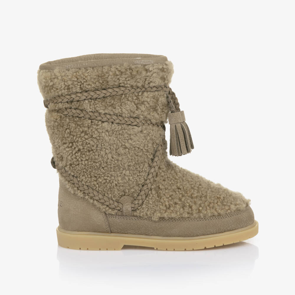 Donsje-Girls Beige Sheep Wool Boots with Tassel Trims | Childrensalon Outlet