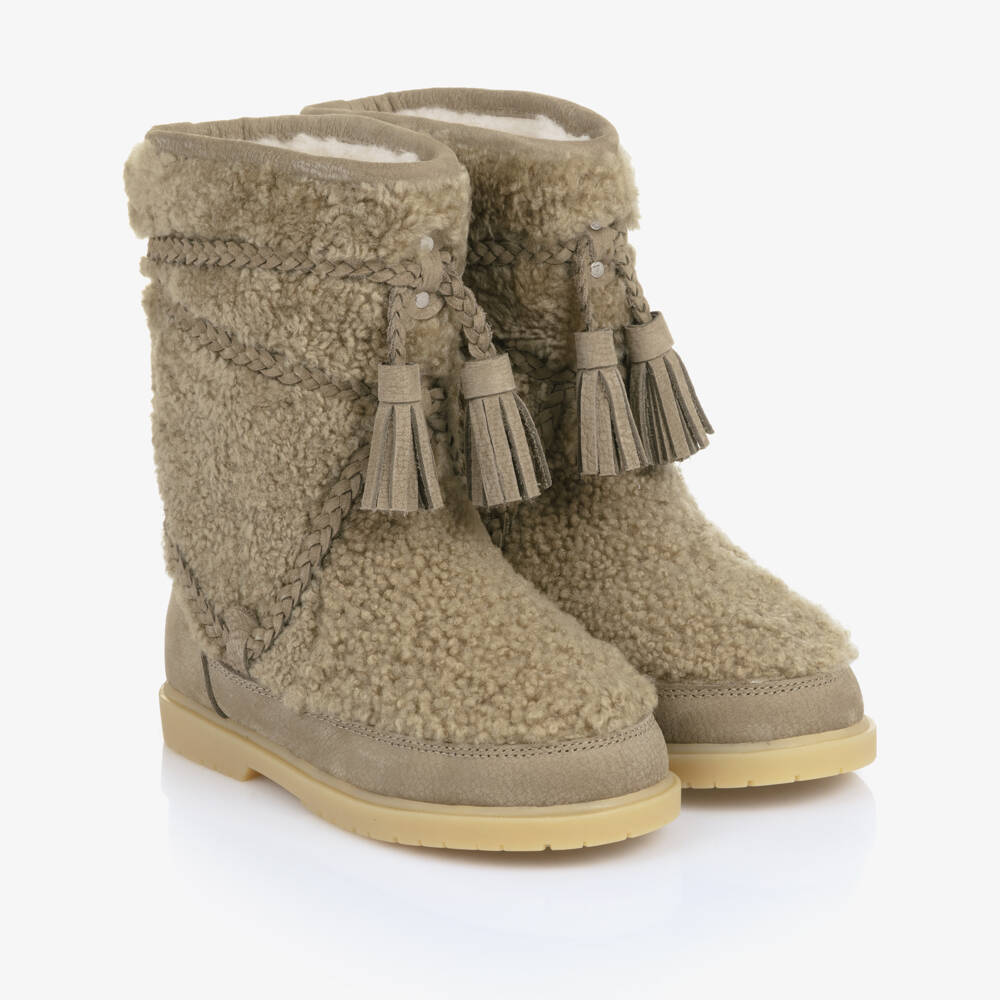 Donsje-Girls Beige Sheep Wool Boots with Tassel Trims | Childrensalon Outlet