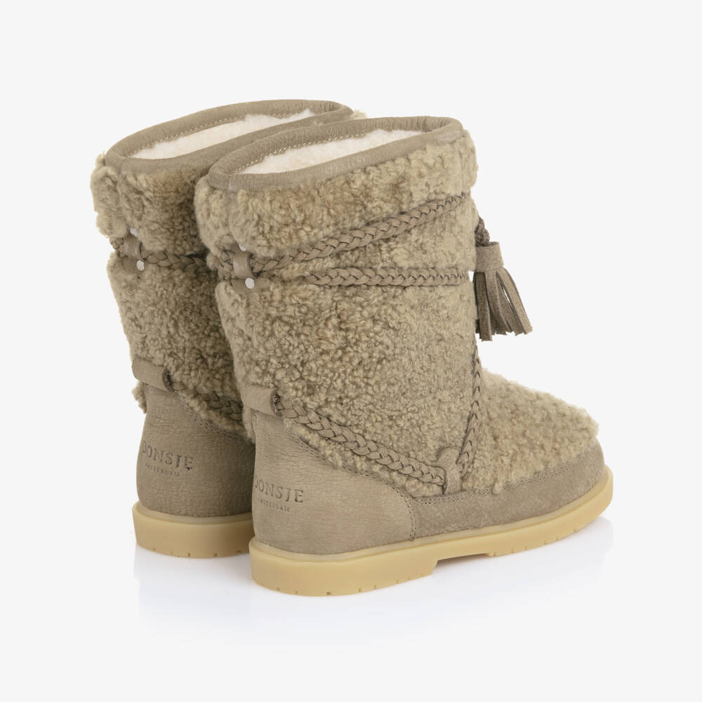 Donsje-Girls Beige Sheep Wool Boots with Tassel Trims | Childrensalon Outlet