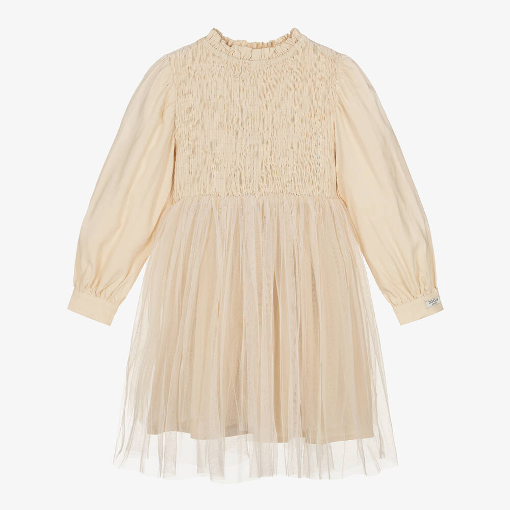 Donsje - Girls Beige Shirred Linen & Silk Dress | Childrensalon