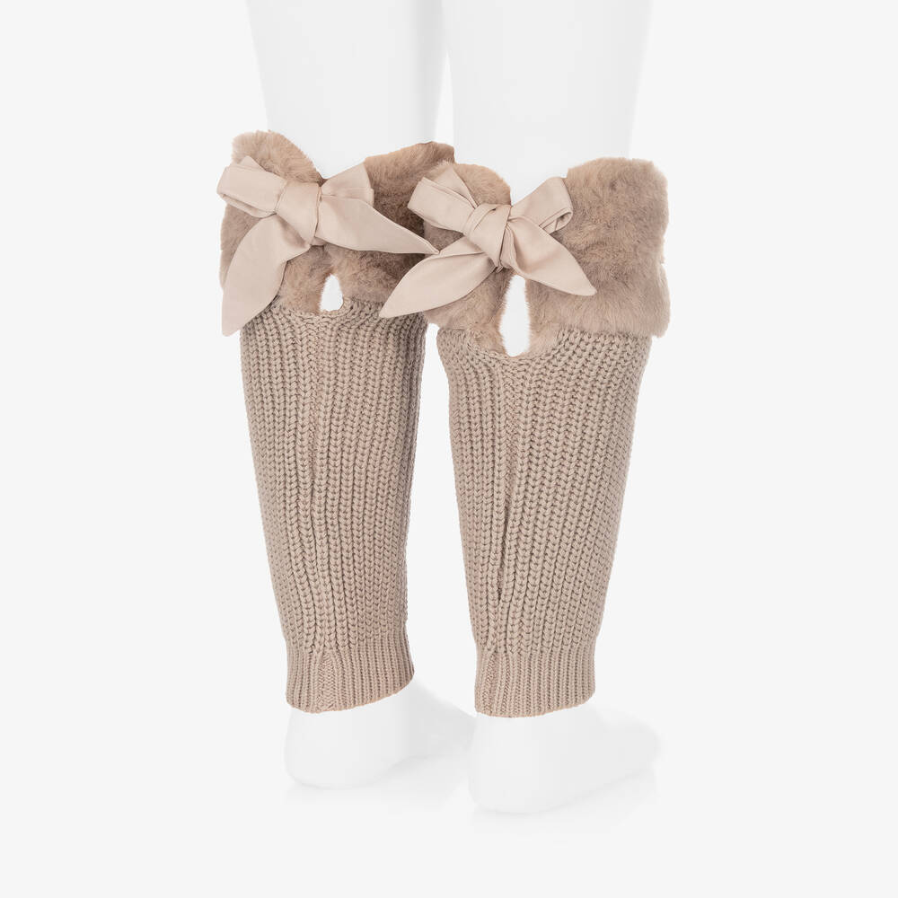 Donsje-Girls Brown Cotton & Faux Fur Leg Warmers | Childrensalon Outlet