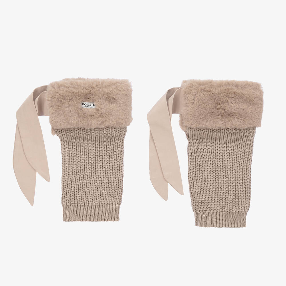 Donsje - Girls Brown Cotton & Faux Fur Leg Warmers | Childrensalon