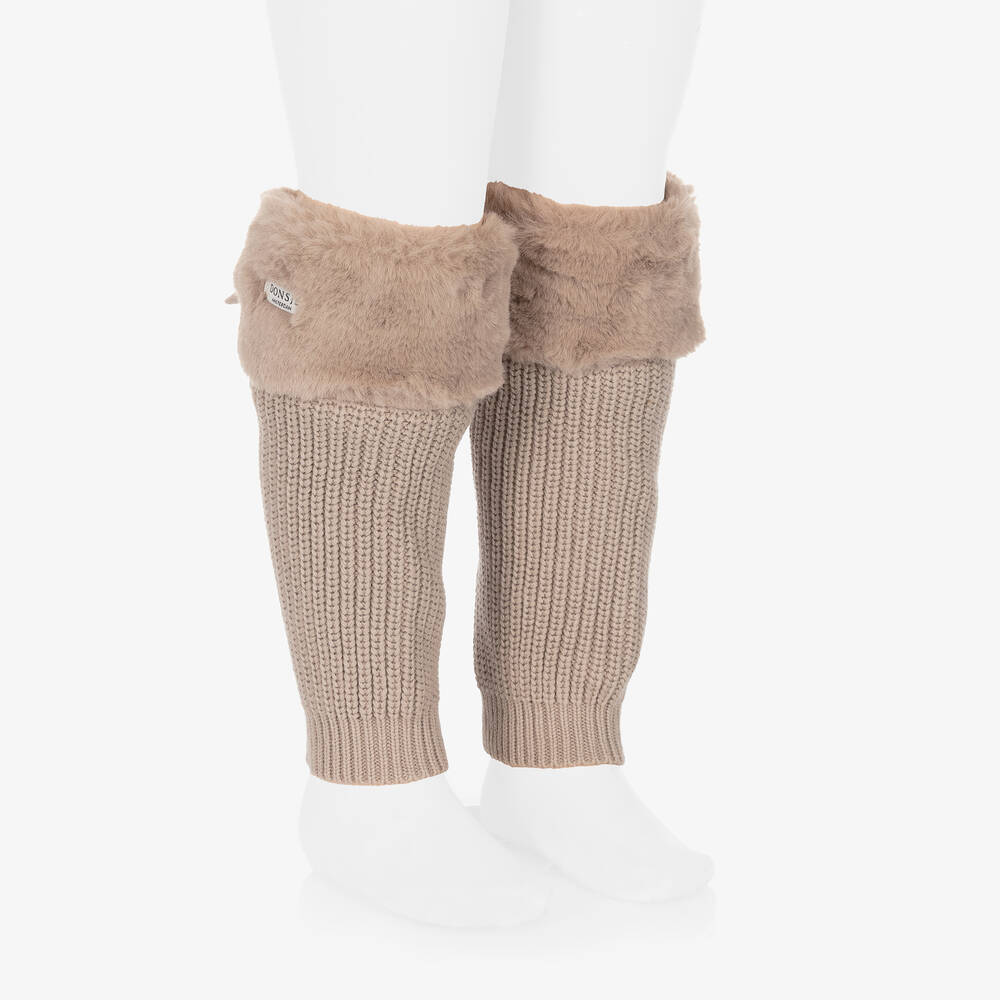 Donsje-Girls Brown Cotton & Faux Fur Leg Warmers | Childrensalon Outlet