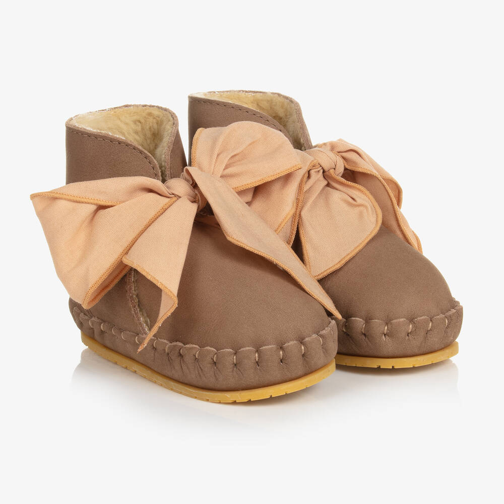 Donsje - Girls Brown Leather Bow Boots | Childrensalon