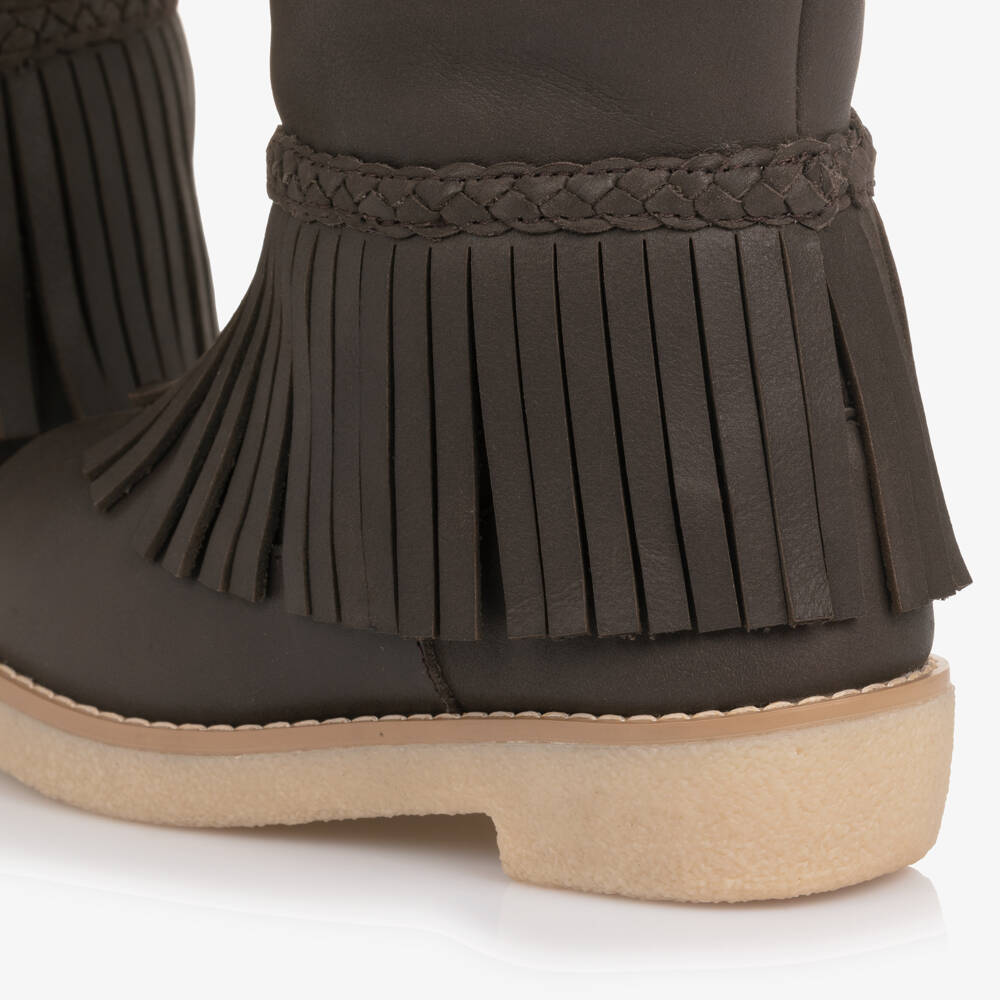 Donsje-Girls Brown Leather Daffy Boots with Fringing | Childrensalon Outlet