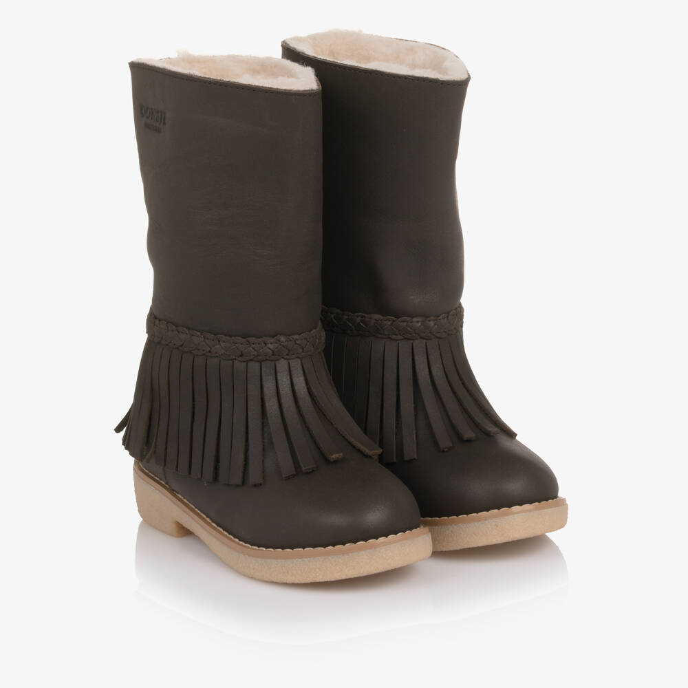 Donsje-Girls Brown Leather Daffy Boots with Fringing | Childrensalon Outlet