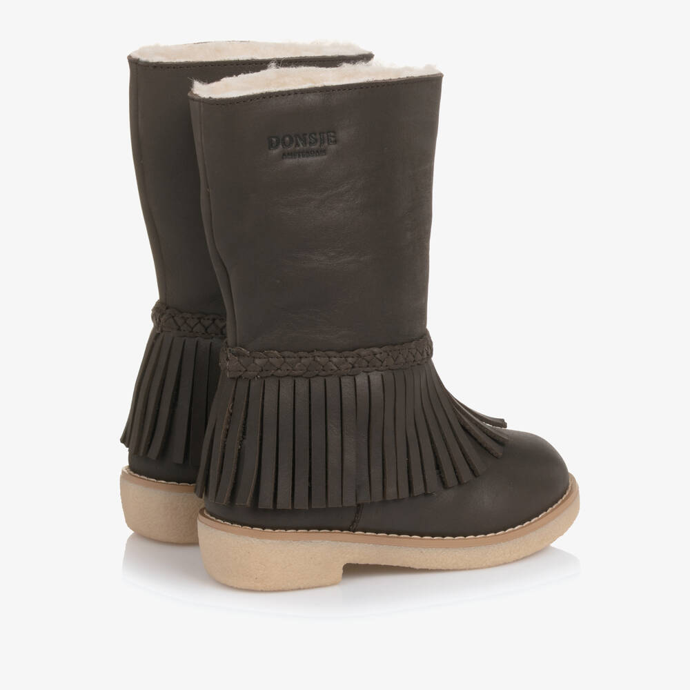 Donsje-Girls Brown Leather Daffy Boots with Fringing | Childrensalon Outlet
