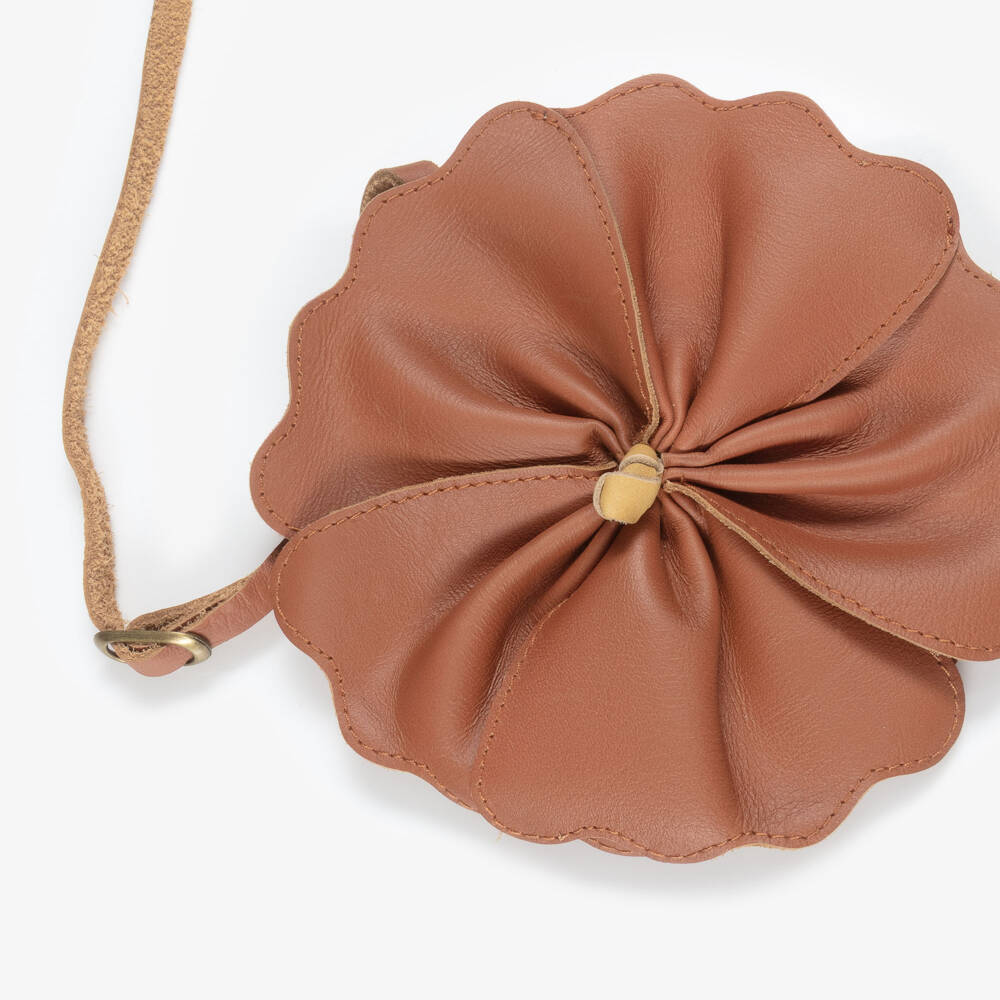 Donsje-Girls Brown Leather Hibiscus Flower Purse | Childrensalon Outlet