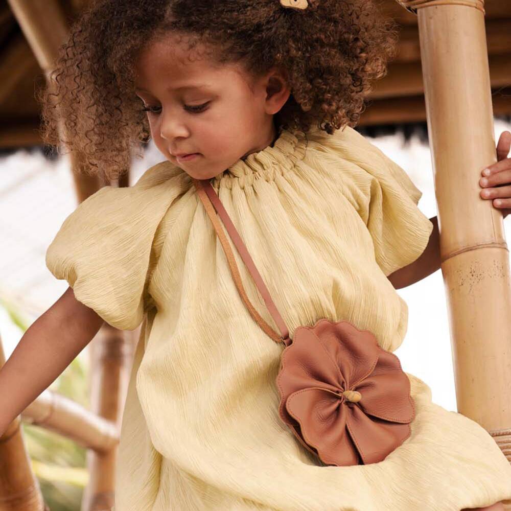 Donsje-Girls Brown Leather Hibiscus Flower Purse | Childrensalon Outlet