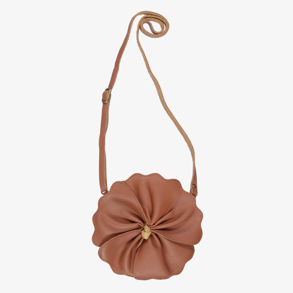 Donsje-Girls Brown Leather Hibiscus Flower Purse | Childrensalon Outlet